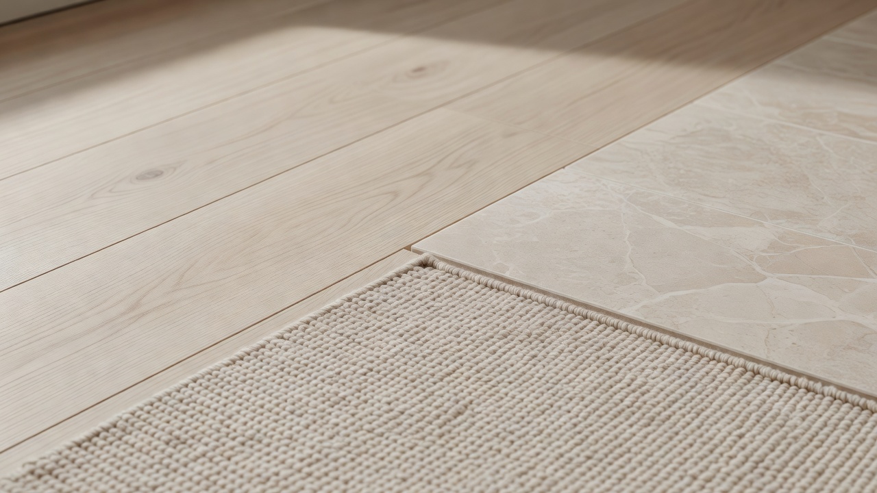 wide contextual photo illustrating three-material rule flooring in a real home