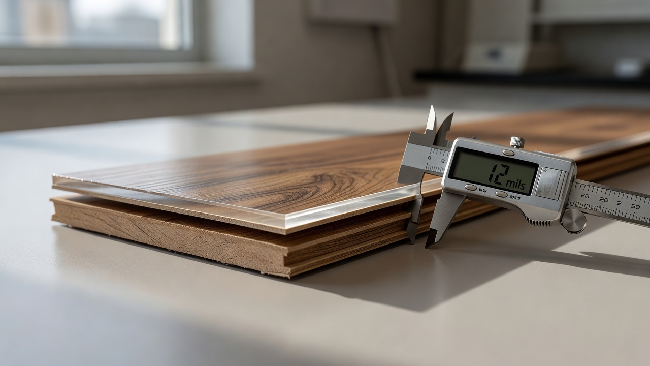 photorealistic close-up of luxury vinyl plank cross-section on a lab bench, clear wear layer edge highlighted under raking light beside a digital caliper readin