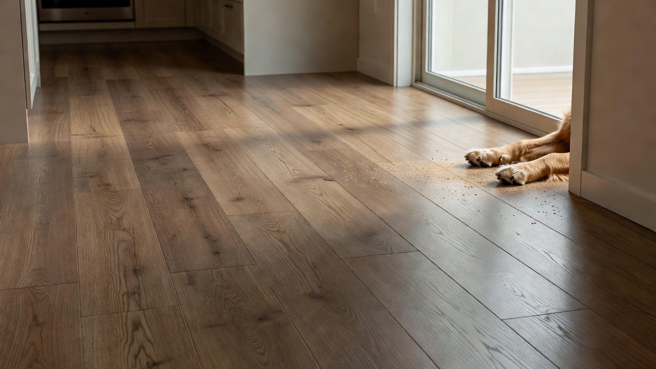 photorealistic kitchen scene with mid-tone oak-look LVP, golden retriever paws and fine grit near a sliding door, soft afternoon side light showing subtle surfa