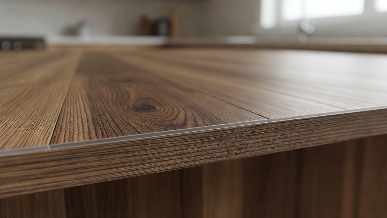 close-up photorealistic macro of a luxury vinyl plank edge showing the thin clear wear layer over a wood-grain print layer, soft kitchen window light, no text o