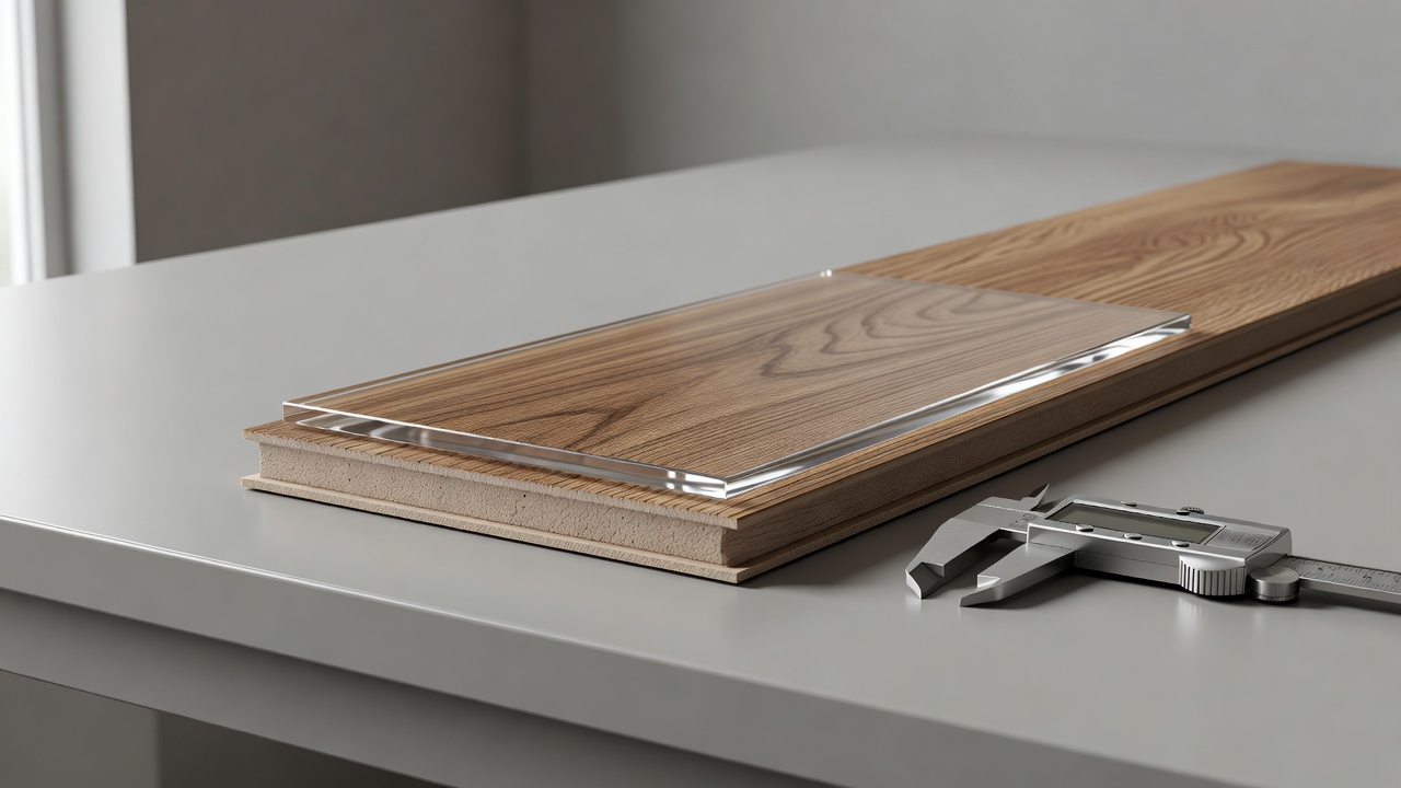 photorealistic cross-section diagram style photo of a cut luxury vinyl plank on a lab bench, distinct clear wear layer labeled only by material contrast, calipe