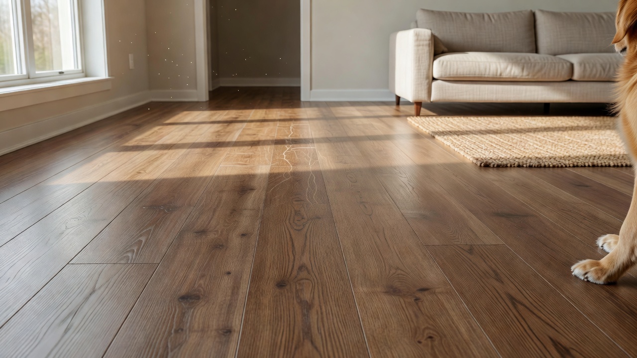 photorealistic wide shot of a sunlit living room with medium-tone wood-look vinyl plank flooring, golden retriever paws visible at the edge of frame, natural we
