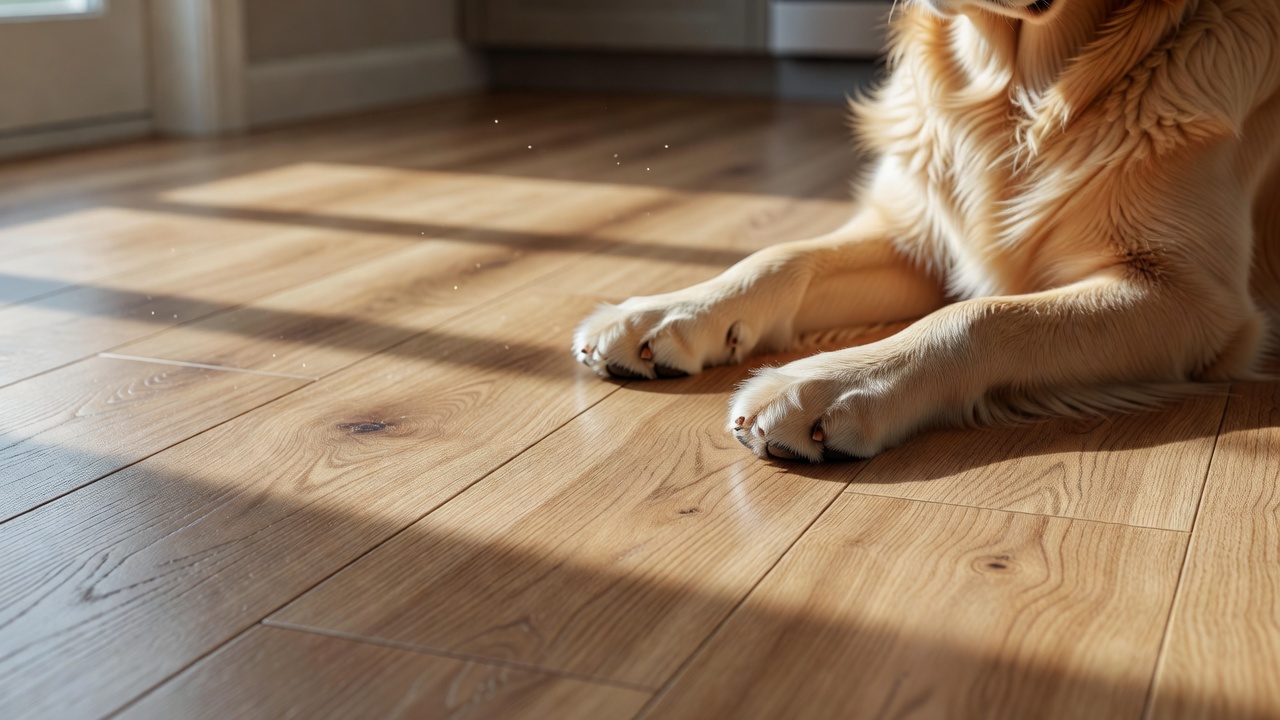 close-up photorealistic shot of a golden retriever's paw resting on light oak luxury vinyl plank flooring in a sunlit kitchen, showing subtle surface sheen of t
