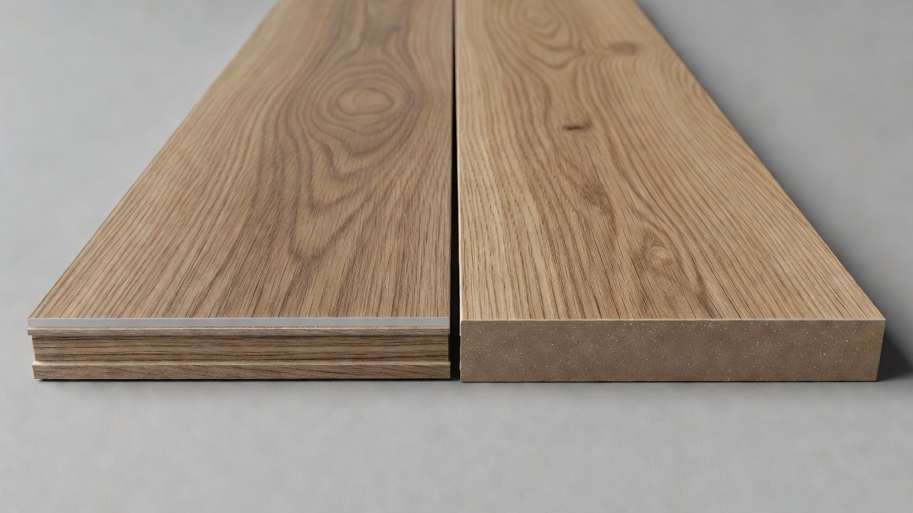 photorealistic side-by-side cross-section of two luxury vinyl planks under even studio lighting, one labeled conceptually by thickness difference showing thin 1