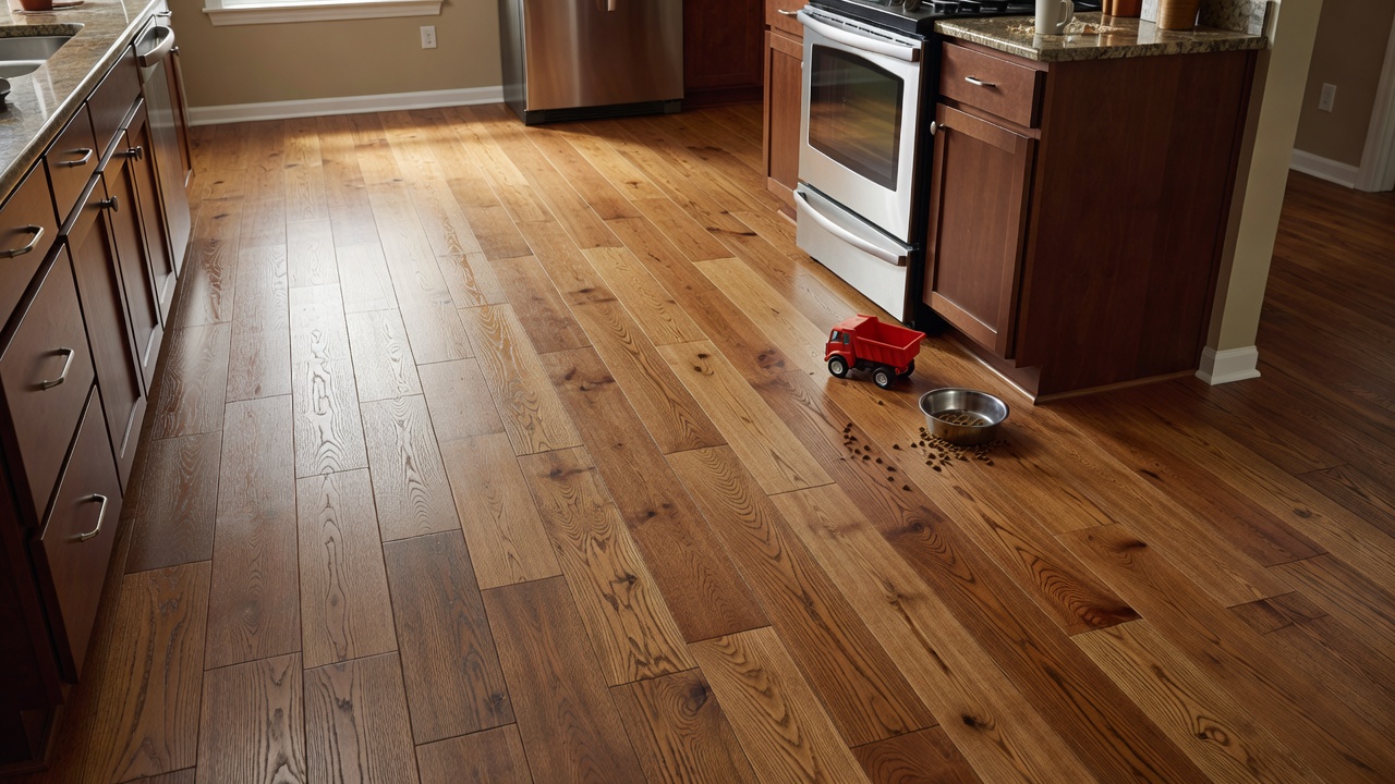 photorealistic overhead view of a busy family kitchen with luxury vinyl plank flooring, child's toy truck and dog bowl visible near cabinets, natural afternoon 