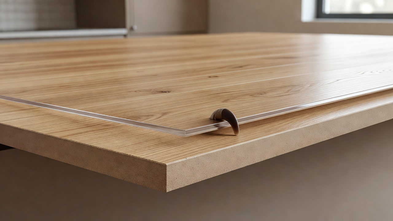 photorealistic close-up of a light oak LVP plank cross-section under soft kitchen window light, showing the thin glossy wear layer above the printed wood grain 