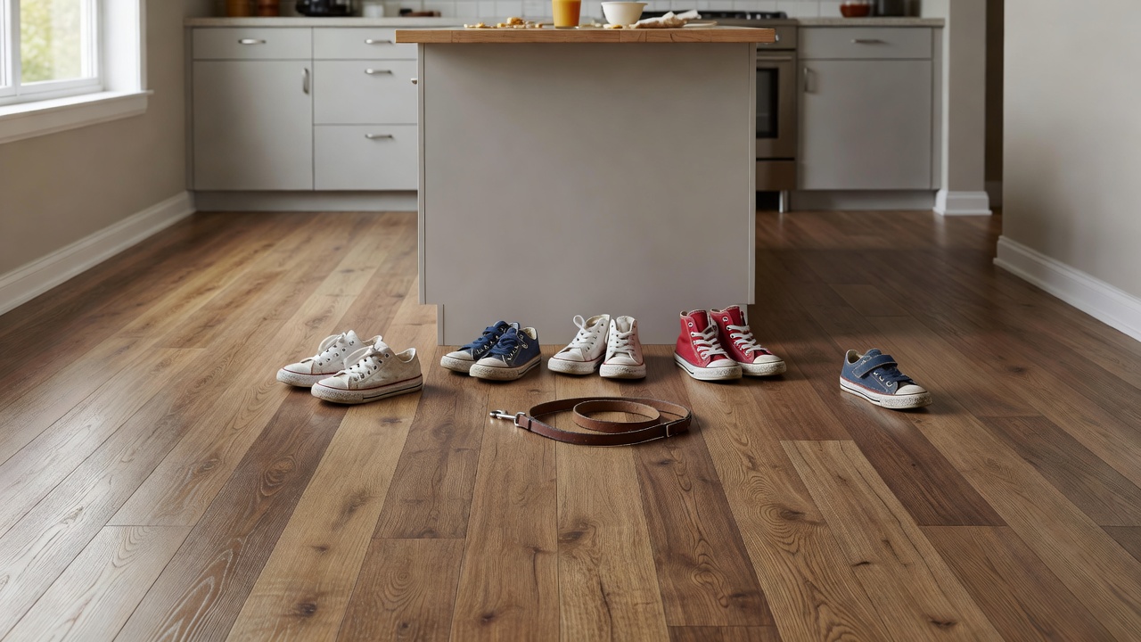 photorealistic overhead shot of a busy family kitchen with medium-tone vinyl plank flooring, kids’ sneakers and a dog leash near the island, soft afternoon ligh