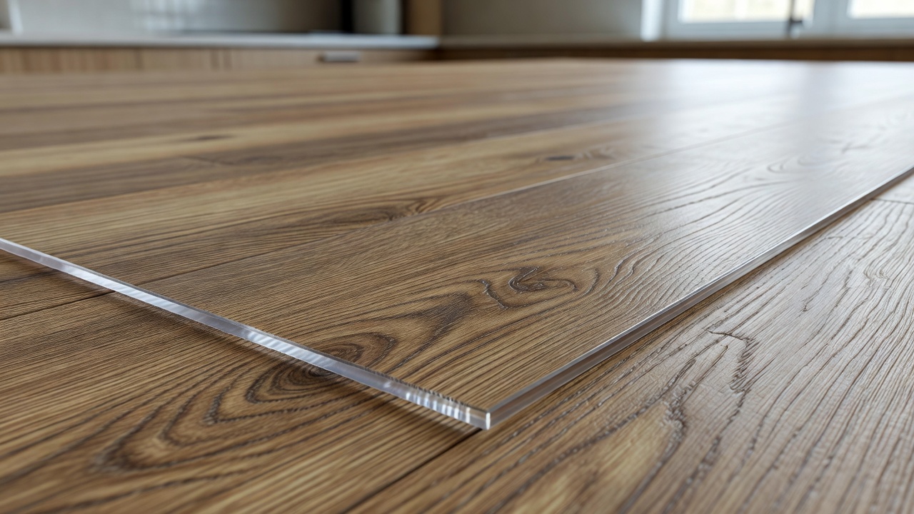 close-up photorealistic macro of clear LVP wear layer edge on oak-look vinyl plank showing transparent coating thickness against printed wood grain, soft kitche