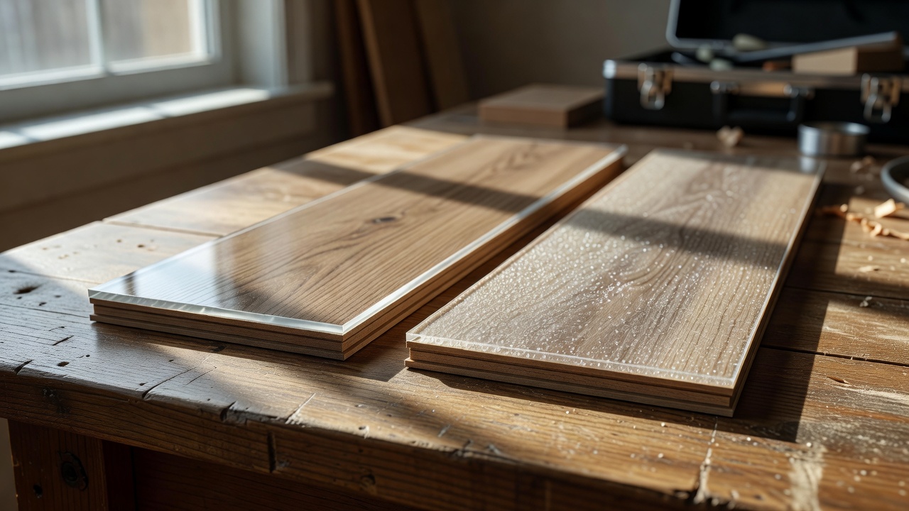 photorealistic side-by-side of two LVP plank cross-sections under raking light, one labeled-looking thick clear wear layer without particles and one thinner lay