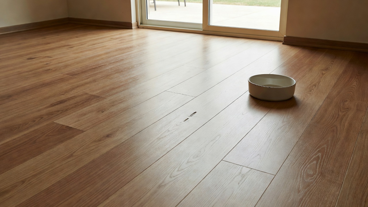 photorealistic kitchen floor corner with LVP planks showing realistic high-traffic path wear near a patio door, subtle scuff haze and one small gouge near a dog