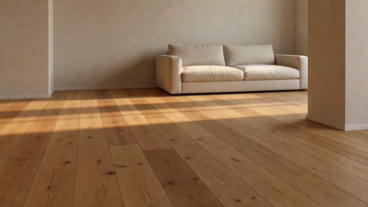 photorealistic sunlit living room with wide honey-oak planks in matte finish, cream plaster walls, linen sofa with terracotta velvet pillows, soft afternoon lig