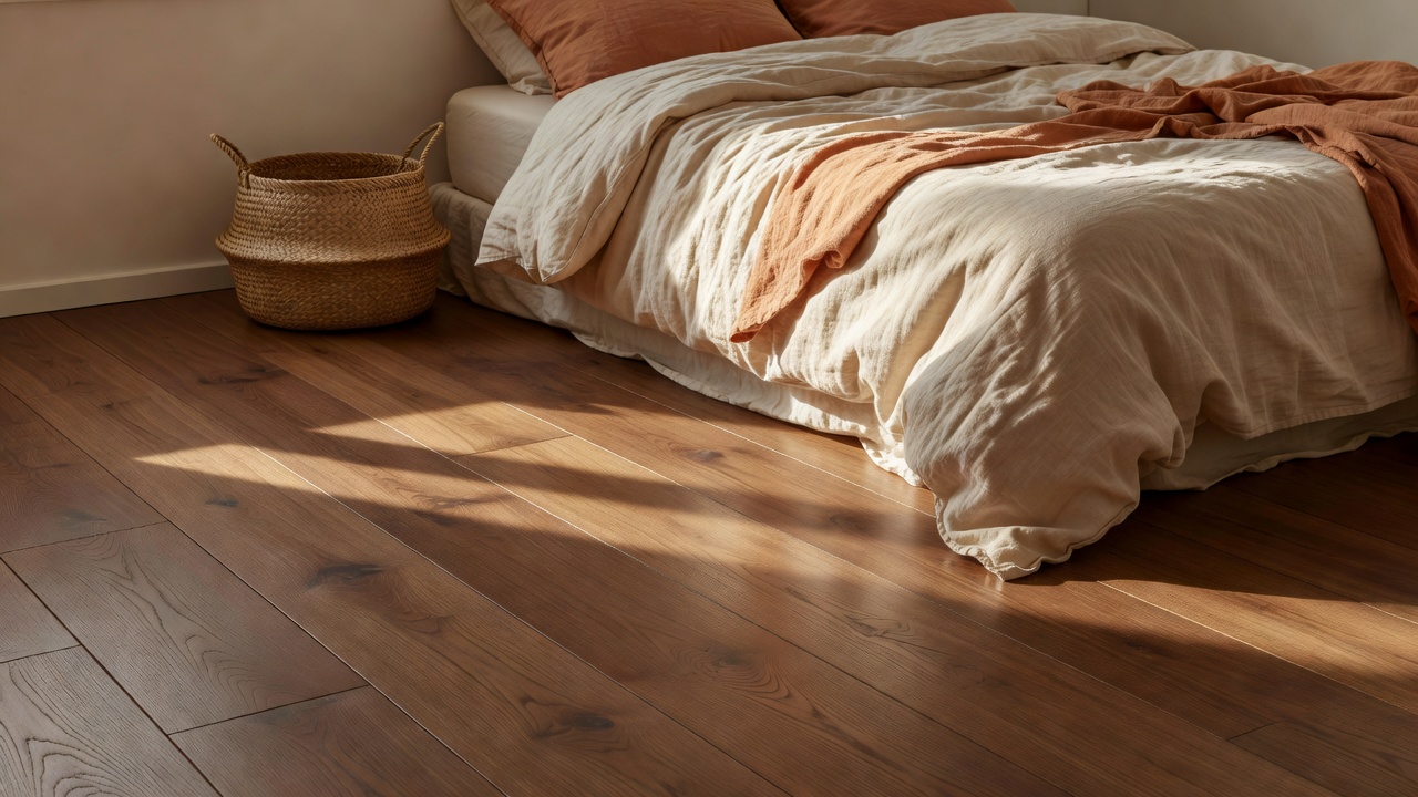 photorealistic close-up of matte-finish honey oak herringbone flooring in a bedroom, soft morning light raking across the V-pattern, edge of a rumpled linen bed