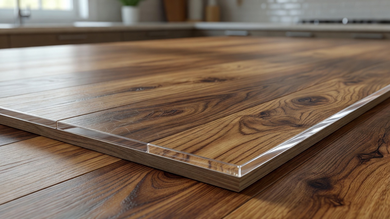 close-up photorealistic cross-section of luxury vinyl plank showing clear wear layer over printed wood grain design layer, soft kitchen window light, no text ov