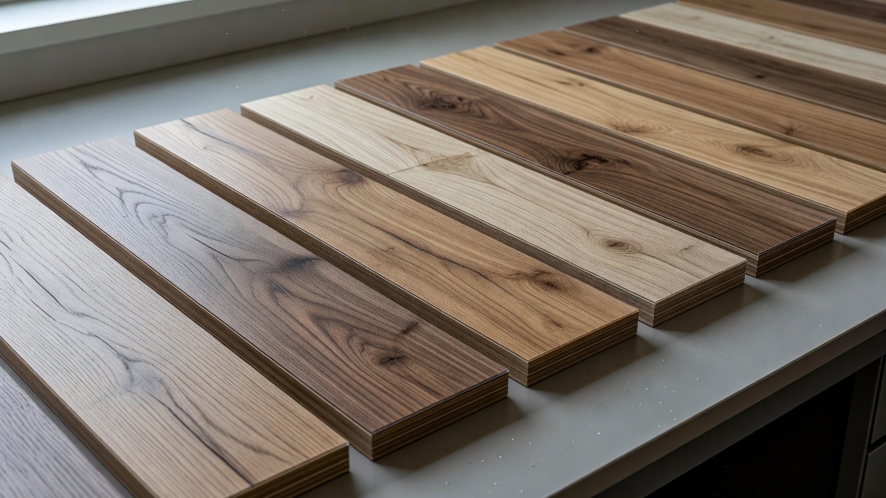 photorealistic overhead view of laminate and vinyl plank samples side by side on a lab bench with soft natural light, visible clear top surfaces and wood-look d