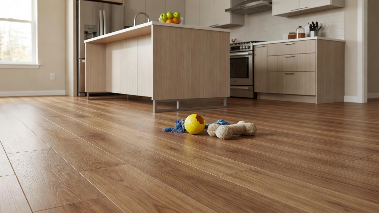 photorealistic sunlit family kitchen with medium-tone wood-look vinyl plank flooring, dog toys near a island base, subtle scuff-free surface sheen, no text over