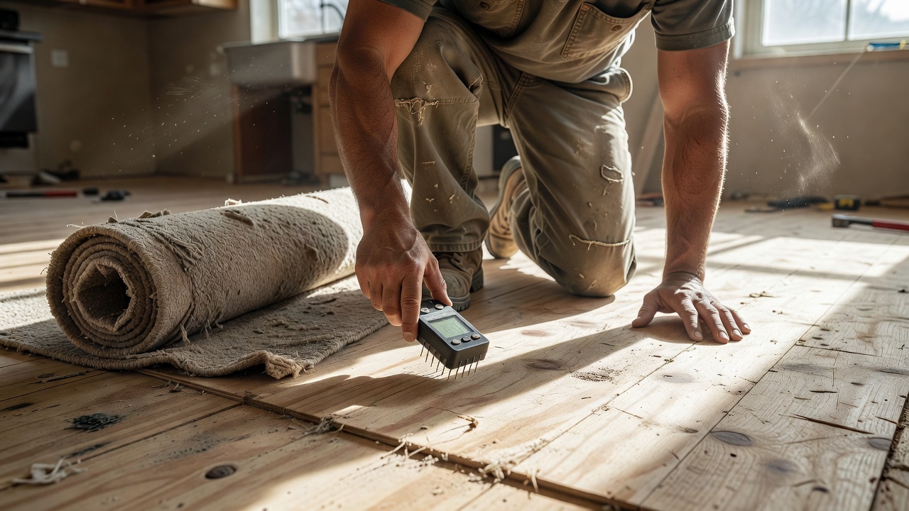 photorealistic close-up of a flooring contractor in worn work pants kneeling on an exposed plywood subfloor with a moisture meter pressed against the wood, old 