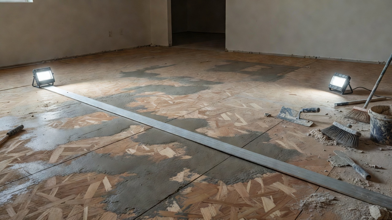 photorealistic wide shot of an unfinished residential subfloor with patches of self-leveling compound drying under work lights, a straightedge tool laid across 