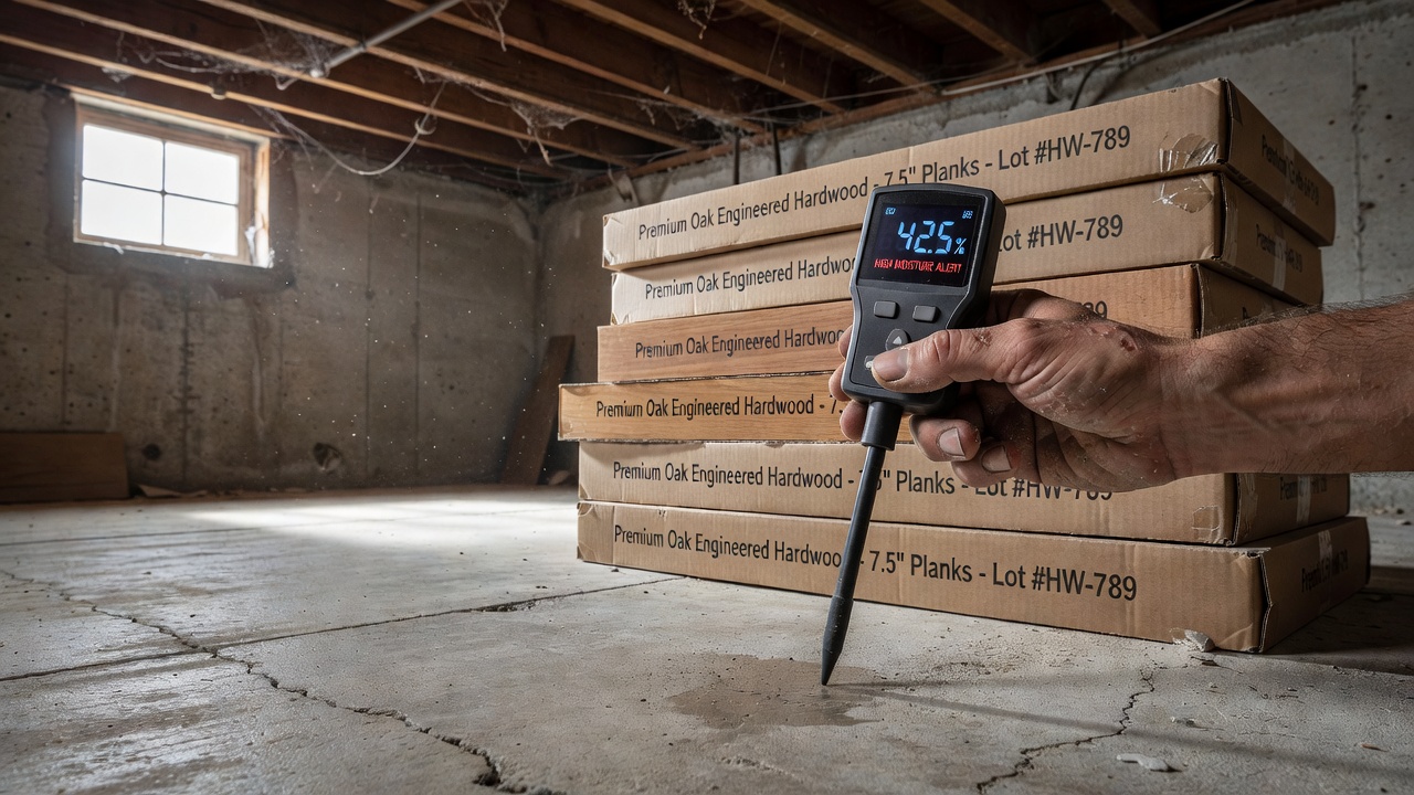 photorealistic detail of a moisture meter display showing elevated readings on a concrete slab next to stacked boxes of engineered hardwood, contractor's scarre
