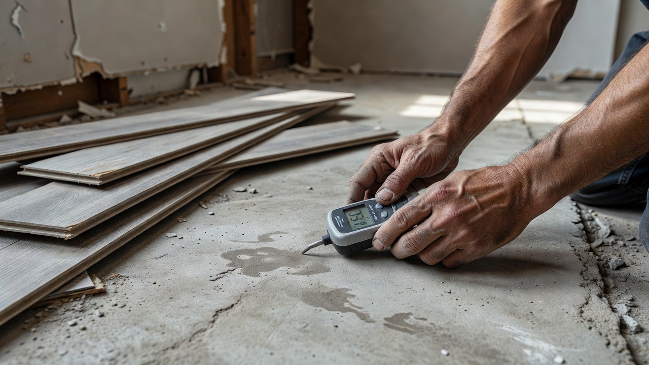 photorealistic close-up of a weathered flooring contractor's hands holding a digital moisture meter against a concrete slab in a half-demolished kitchen, loose 