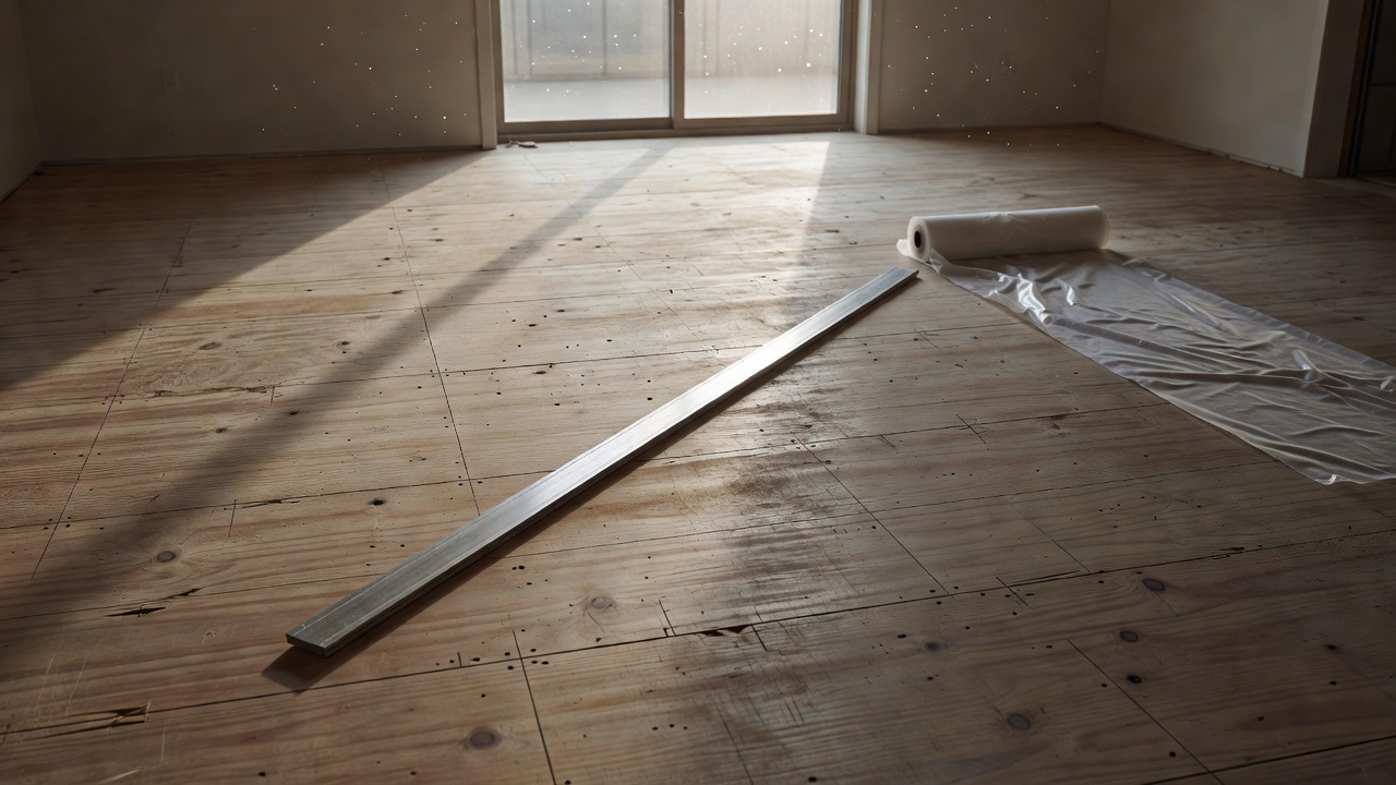 photorealistic wide shot of an empty residential living room mid-prep, plywood subfloor with penciled level marks and a long straightedge lying across it, dust 