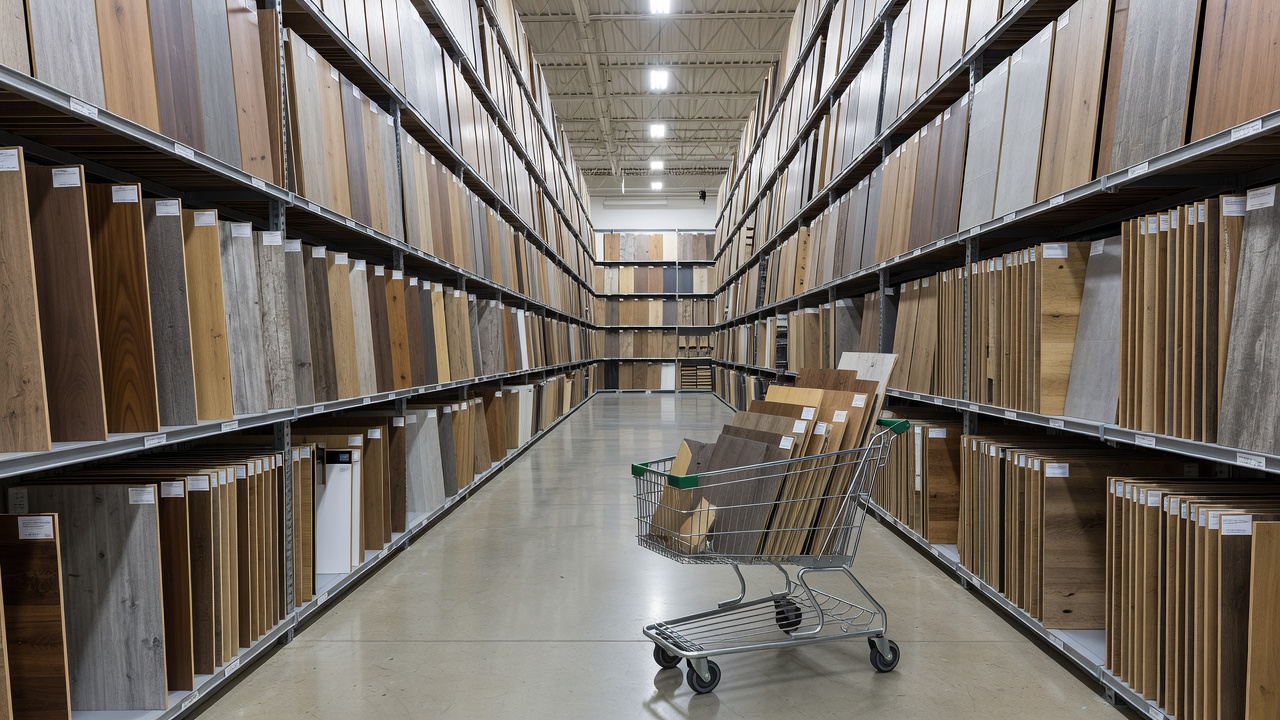 photorealistic wide shot of a bright big-box flooring showroom aisle with tall racks of luxury vinyl plank and hardwood sample boards under fluorescent lights,