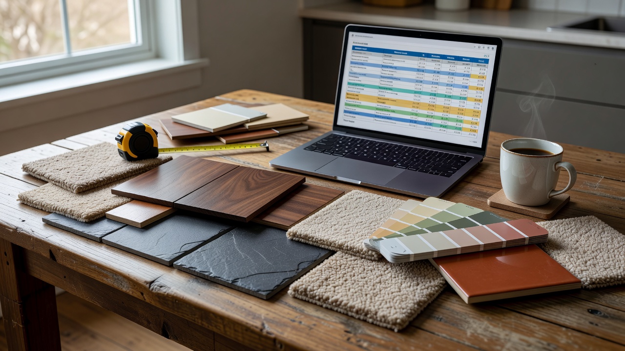 photorealistic close-up of a kitchen table covered in mixed flooring samples next to a laptop showing a color-coded budget spreadsheet, tape measure, paint swat