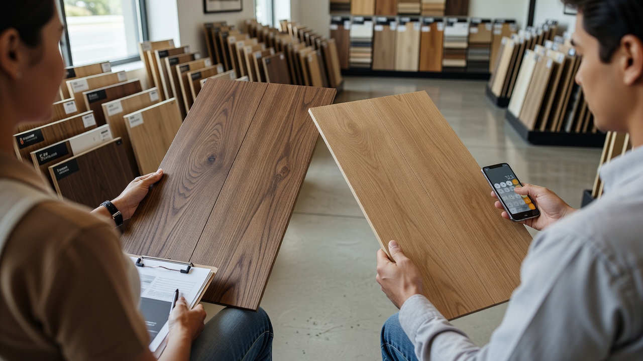 photorealistic scene of two people from behind standing in a local flooring showroom comparing large hardwood and vinyl plank sample boards held side by side ne