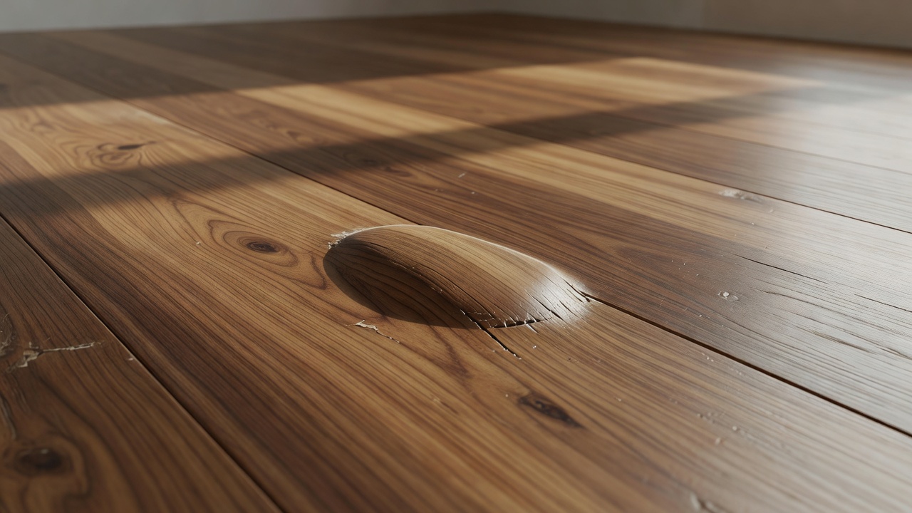 close-up photorealistic view of engineered hardwood plank with a raised blister along the wear layer edge, soft afternoon side-lighting showing glue-line separa