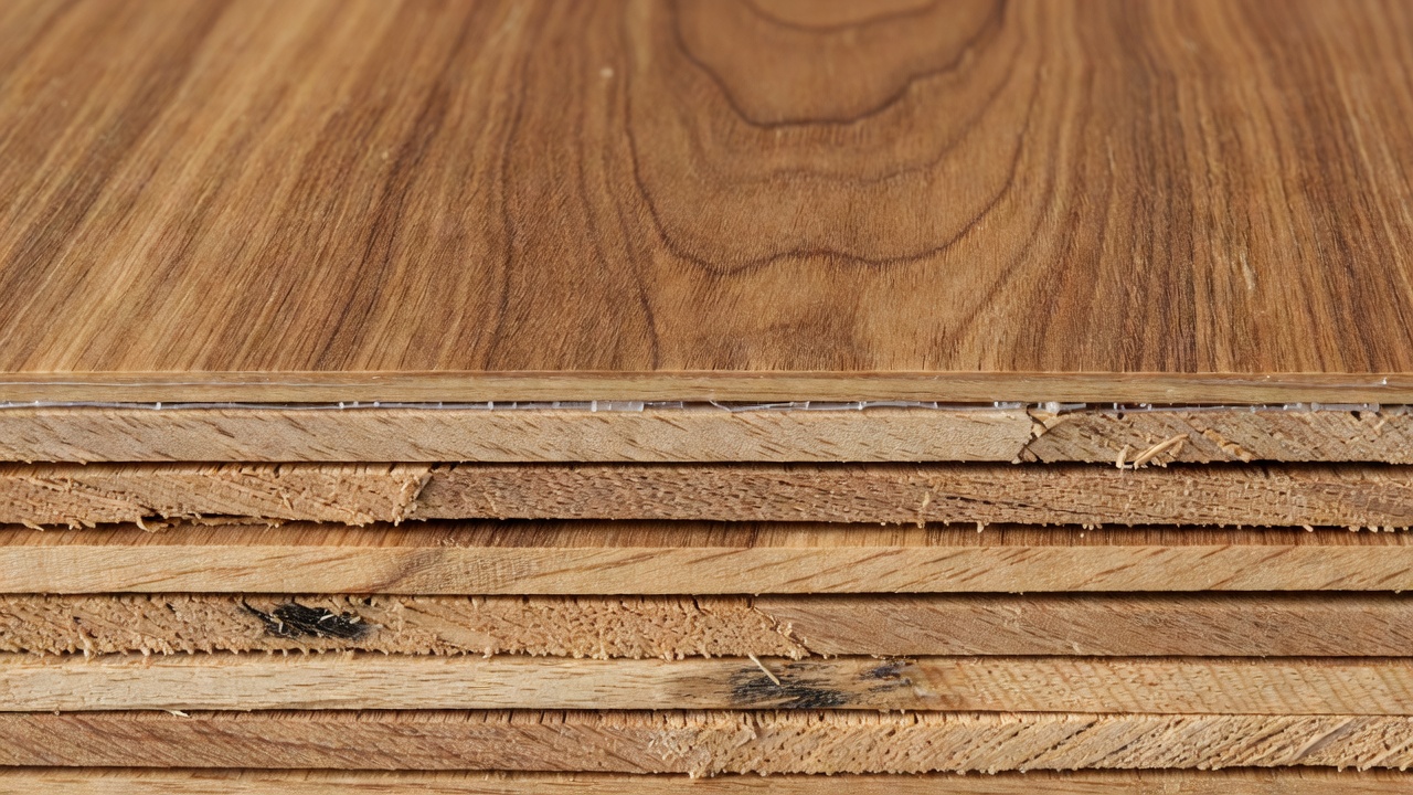 photorealistic macro cross-section of engineered hardwood showing thin wear veneer, visible glue line, and multi-ply core under even studio lighting, keyword-aw