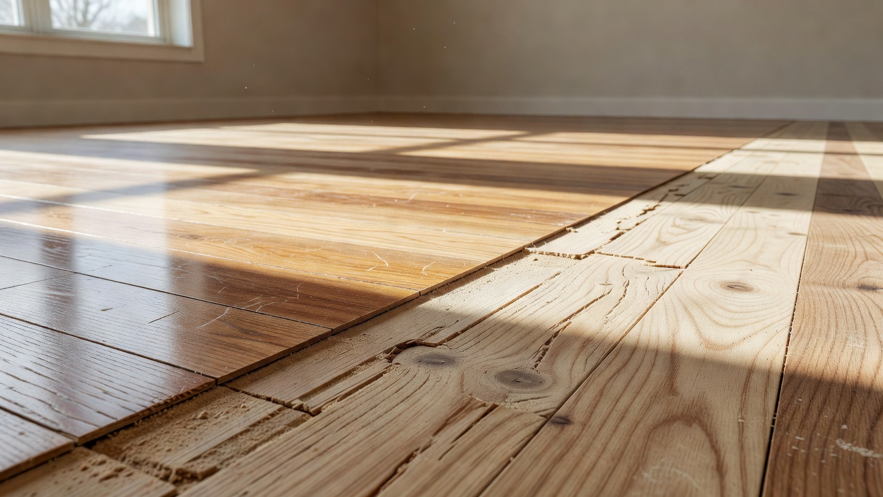 photorealistic scene of a partially sanded engineered hardwood floor in a sunlit room, showing a thin remaining wear layer edge next to an exposed core section,