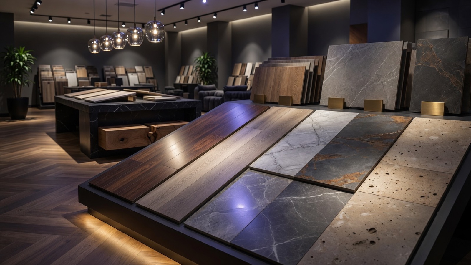 Luxury flooring showroom display with wood and stone-look samples under spotlights