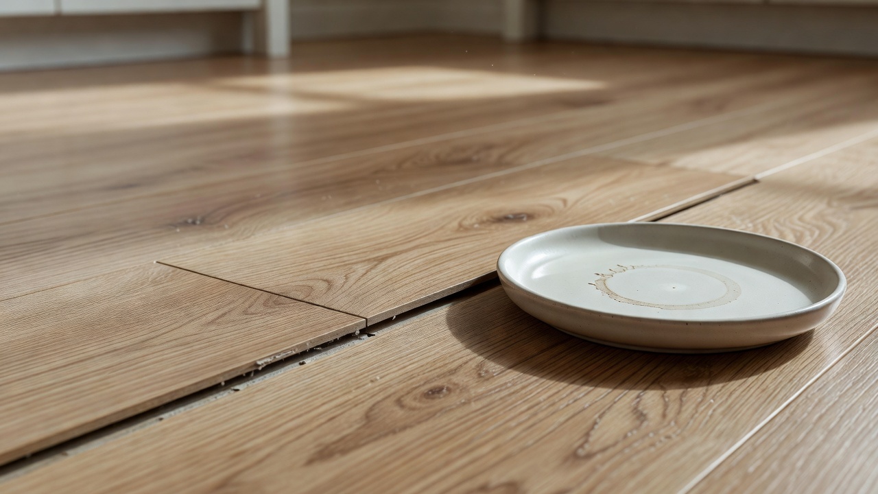 close-up photorealistic macro of luxury vinyl plank edge lifting slightly from a light oak-look kitchen floor near a ceramic plant saucer with a faint water rin