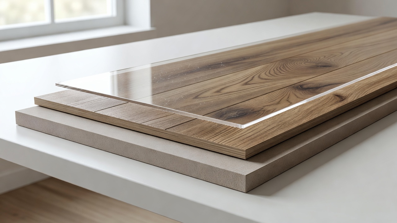 photorealistic cross-section style product cutaway of rigid-core LVP showing clear wear layer, printed oak design film, and dense core, labeled only by natural 