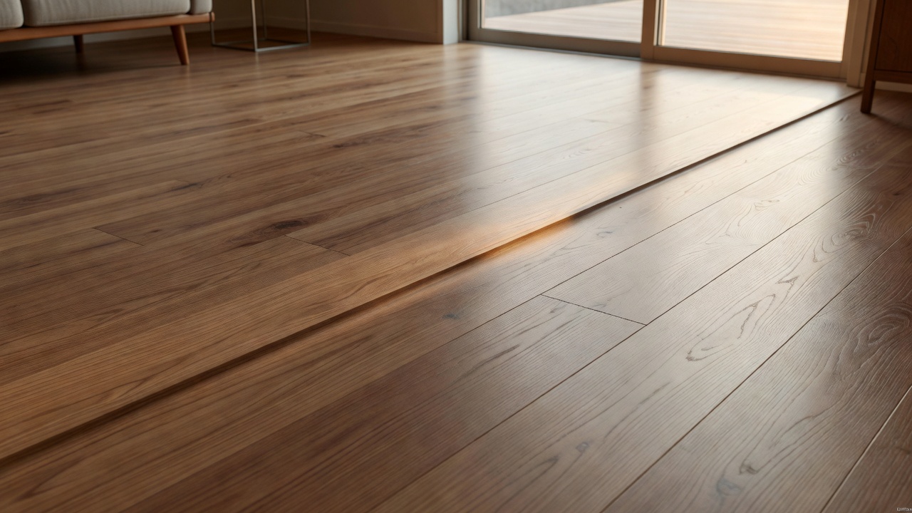 photorealistic wide shot of a laminate living room floor with a gentle buckle ridge near a sliding glass door, afternoon side light casting a soft shadow along 
