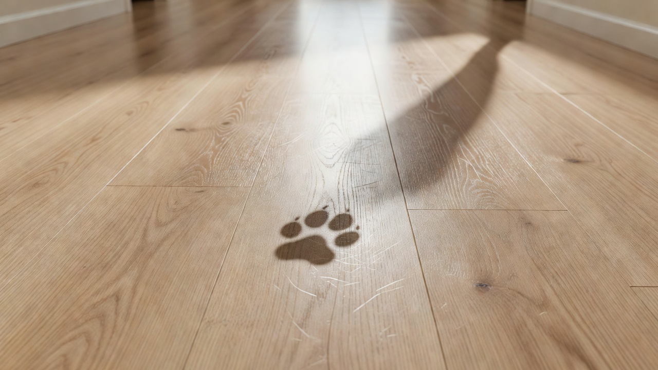 close-up photorealistic macro of light oak luxury vinyl plank flooring in a sunlit hallway showing fine micro-scratches and haze in the clear wear layer beside 