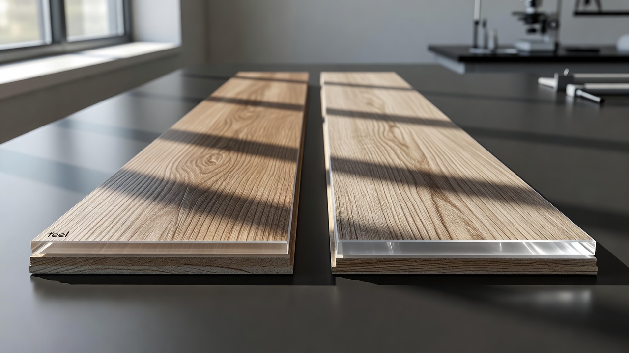 photorealistic side-by-side cross-section diagram style photo of two luxury vinyl planks cut open on a lab bench, one labeled feel with thin clear wear layer an