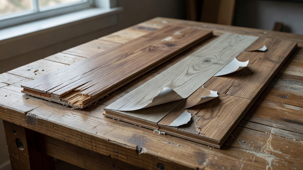 photorealistic detail photo of a failed engineered hardwood plank edge on a workbench beside a delaminated luxury vinyl plank showing peeled décor film, soft na