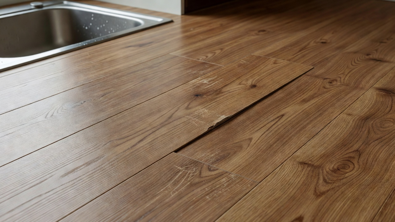 photorealistic close-up of luxury vinyl plank kitchen floor near a sink with subtle edge lifting and scuffed wear layer, soft natural window light, no text over