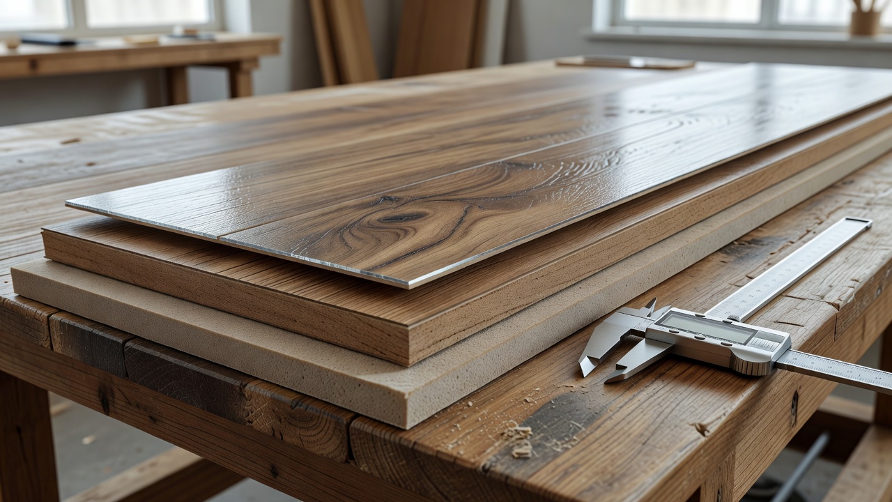 photorealistic macro cross-section style view of luxury vinyl plank layers on a workbench with calipers nearby, wear layer and core visible, bright clean worksh