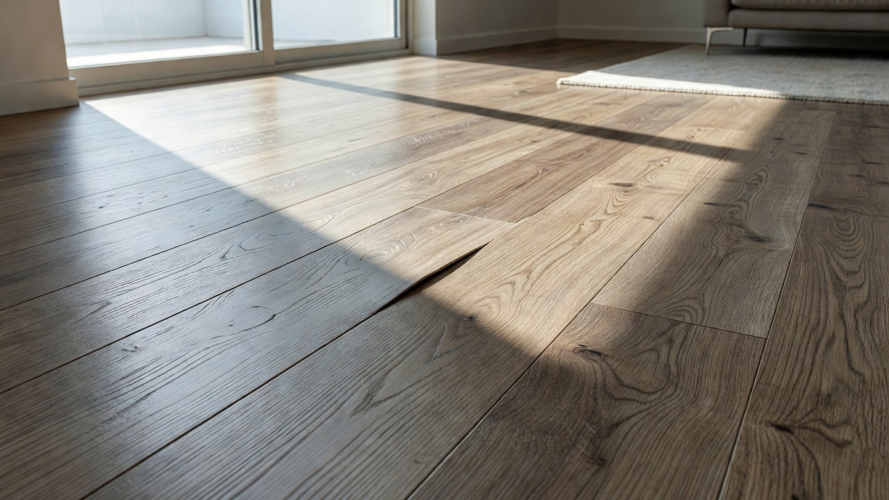 photorealistic side-angle photo of vinyl plank floor seam gap and slight edge curl in a sunlit living room near a sliding door, natural daylight stripe across p